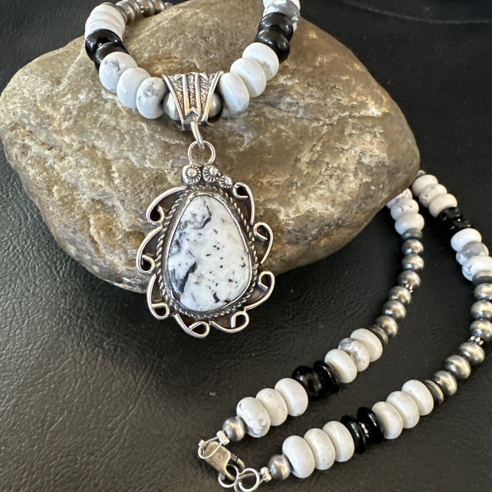 White Buffalo Turquoise Pendant Howlite Navajo Sterling Silver Necklace 24”18724
