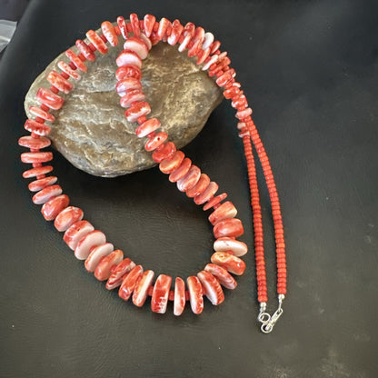 Red Spiny Oyster 28” Long Navajo Sterling Silver Necklace 17761