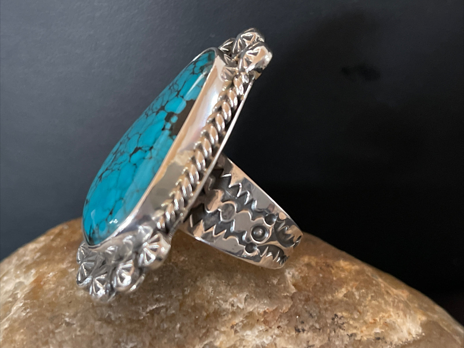 Native Navajo Sterling Silver Blue Spiderweb Turquoise Ring Size 10 01063