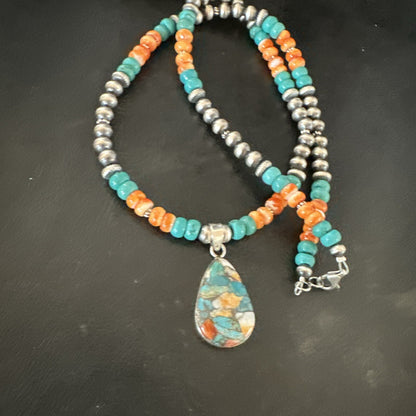 Spiny Pendant Turquoise Navajo Sterling Silver Necklace 21" 17898
