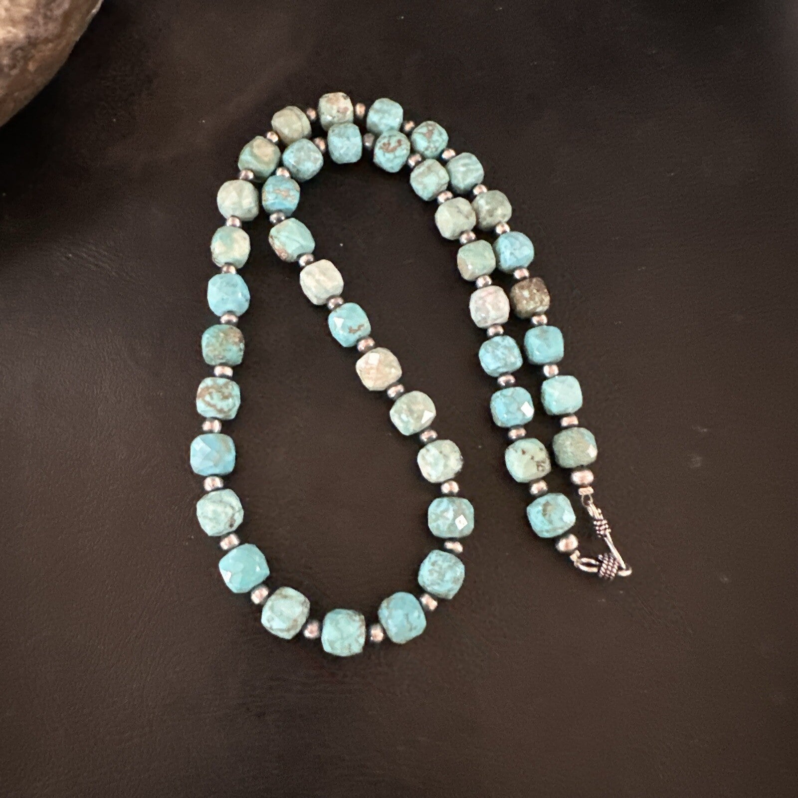 Faceted Blue Turquoise Navajo Sterling Silver Beads Necklace 21” 17727