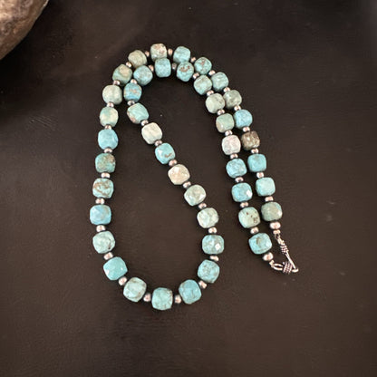 Faceted Blue Turquoise Navajo Sterling Silver Beads Necklace 21” 17727