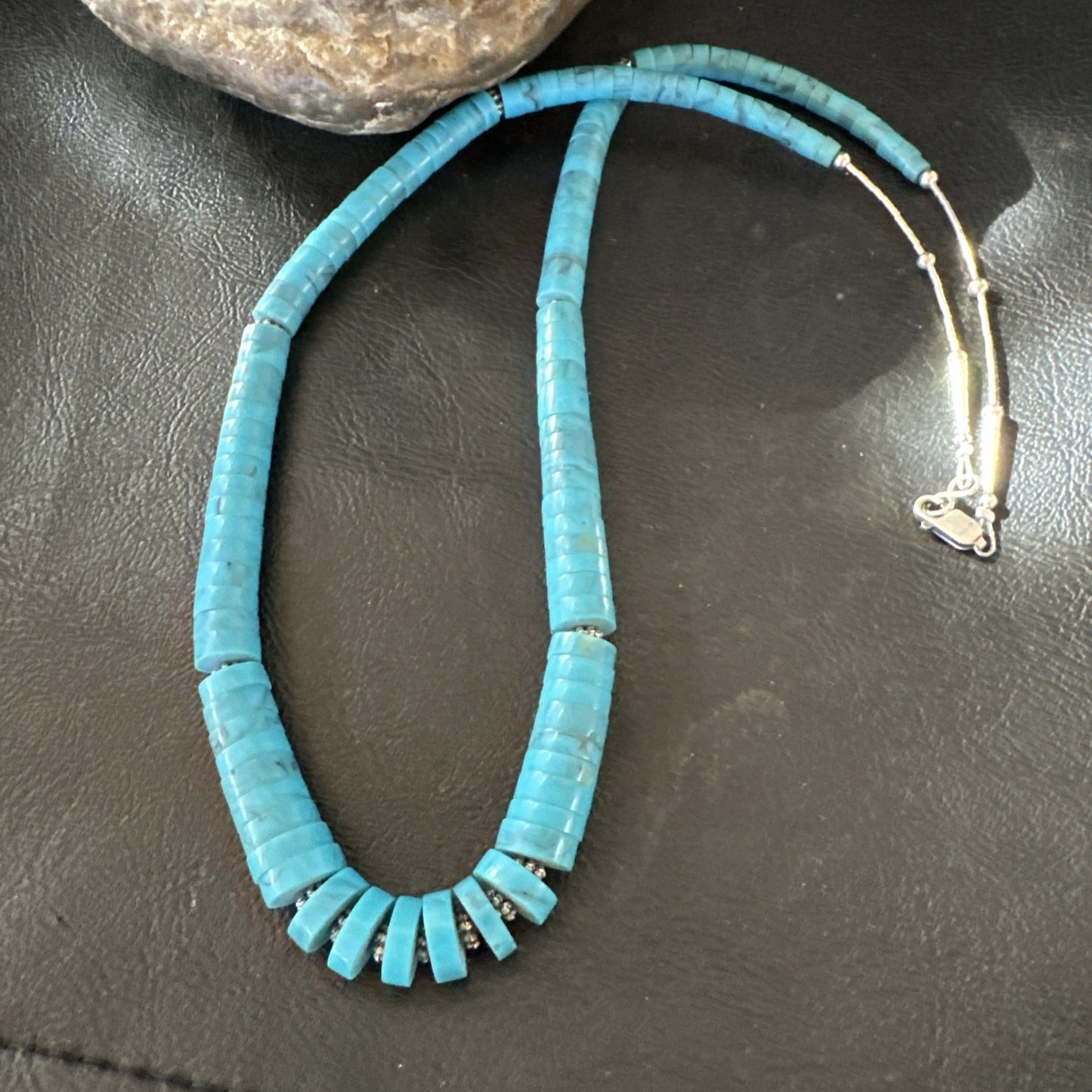 Blue Robin Egg Turquoise Heishi Stabilized Graduated Sterling 23” Necklace 19725