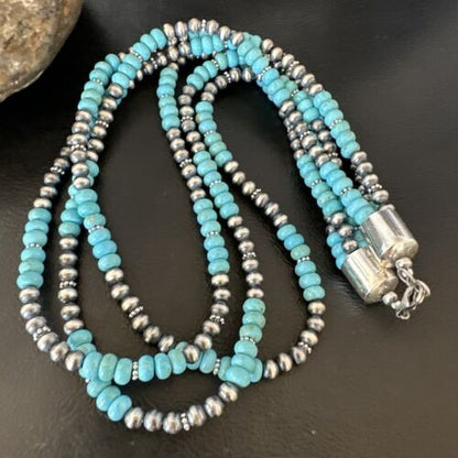 Navajo Pearls Blue Turquoise Necklace 3-Strand Sterling Silver 16305