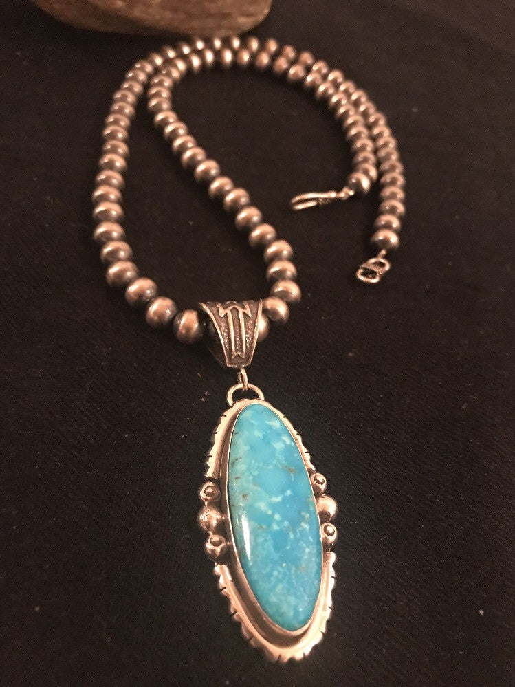 Yazzie Blue Turquoise 2.5" Pendant Navajo Pearls Sterling Silver Necklace 3232