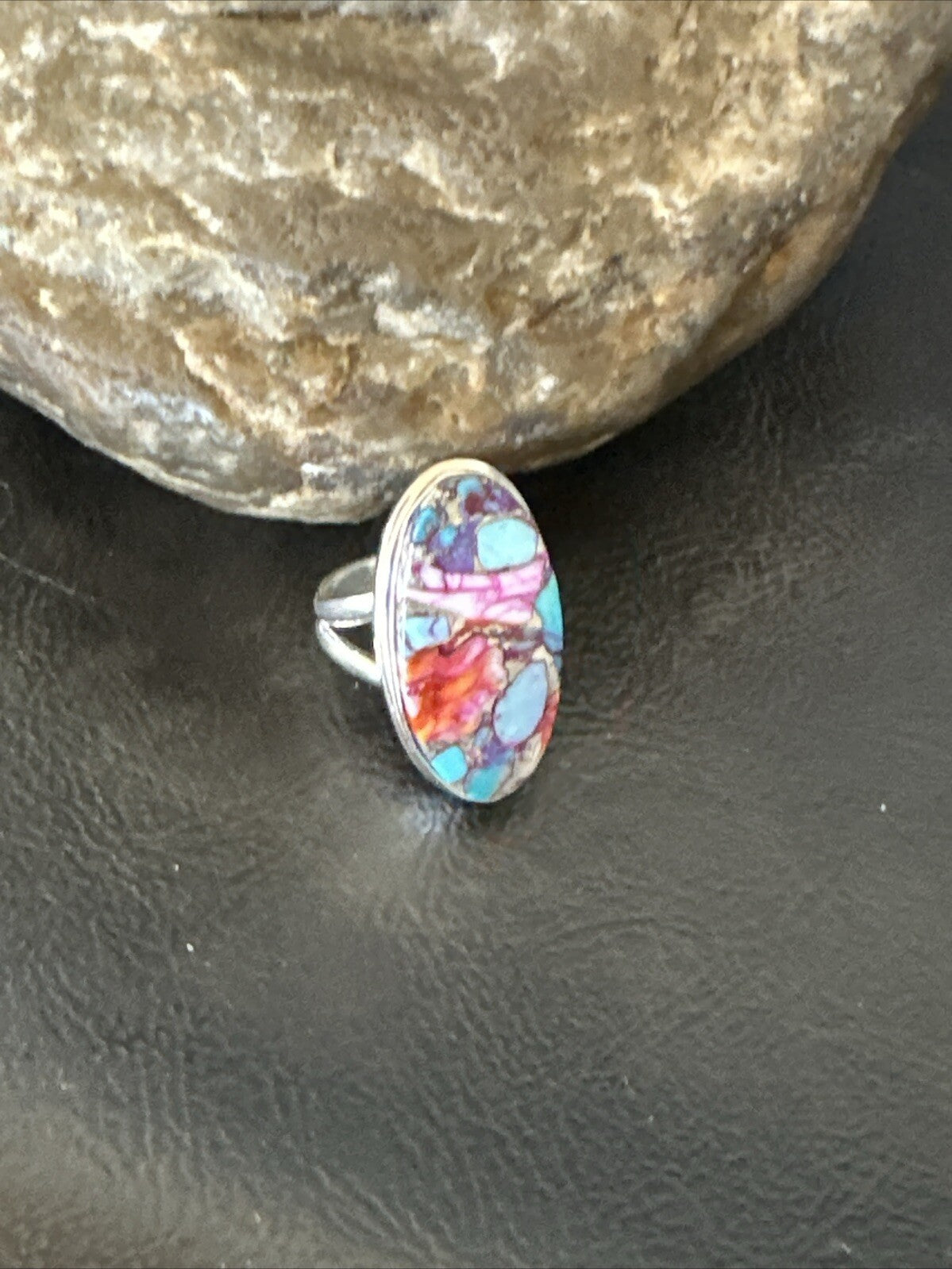 Blue Turquoise Spiny Oyster Southwestern Sterling Silver Ring Size 7 18432