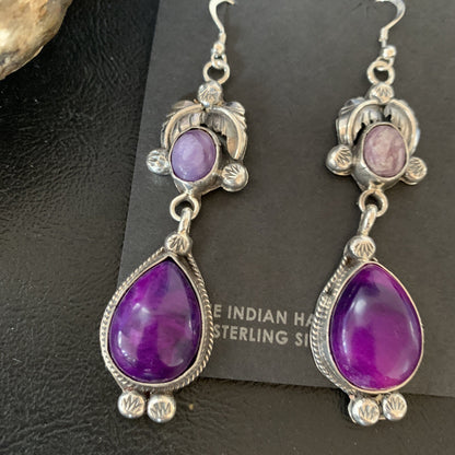 Purple Stone Navajo Sterling Silver Dangle Earrings 2" 12882