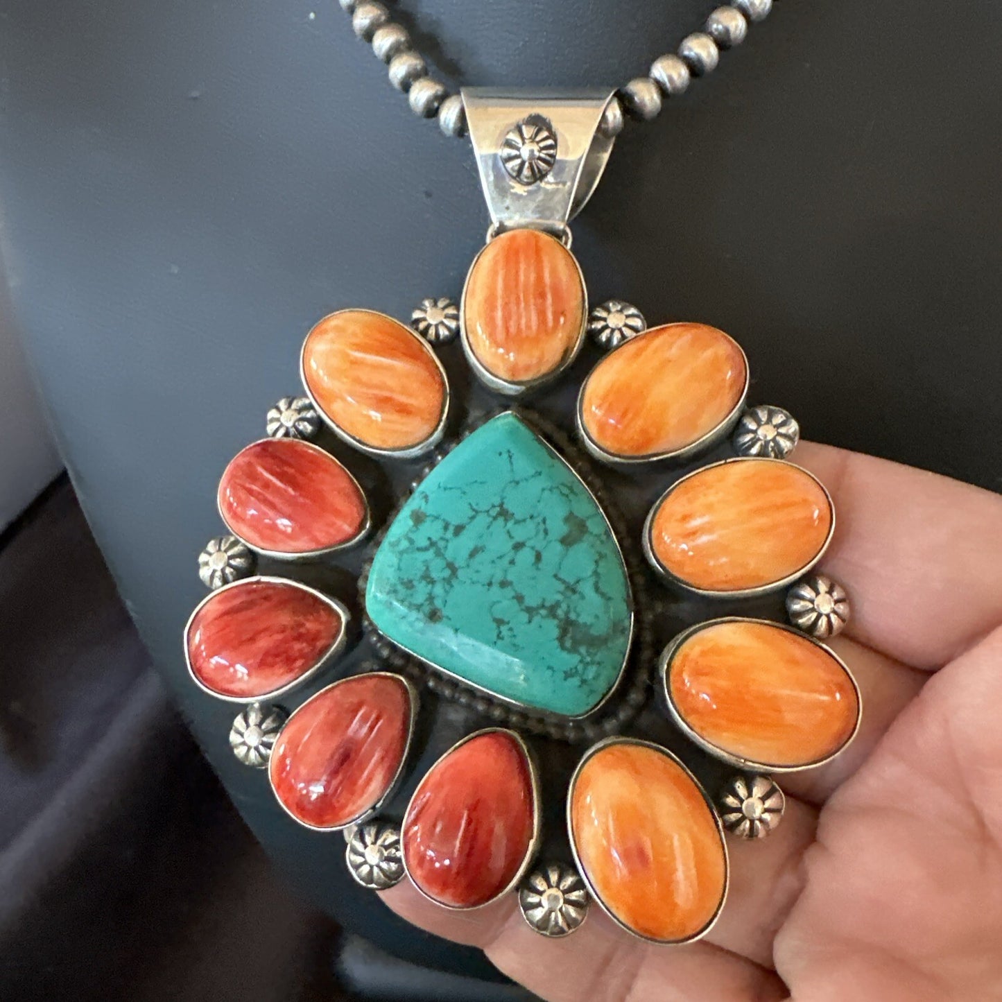 XL Turquoise Orange Spiny Cluster Pendant Navajo Sterling Silver Necklace 18400