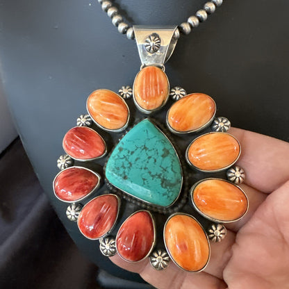 XL Turquoise Orange Spiny Cluster Pendant Navajo Sterling Silver Necklace 18400