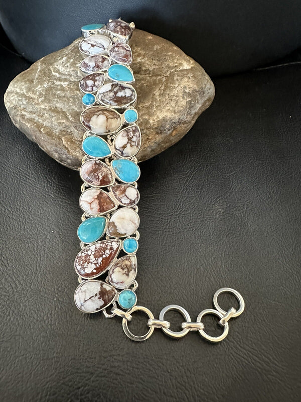 WoMen Blue Wild Horse Turquoise Southwestern Link Bracelet | Sterling Silver | Authentic Native American Handmade | 17973