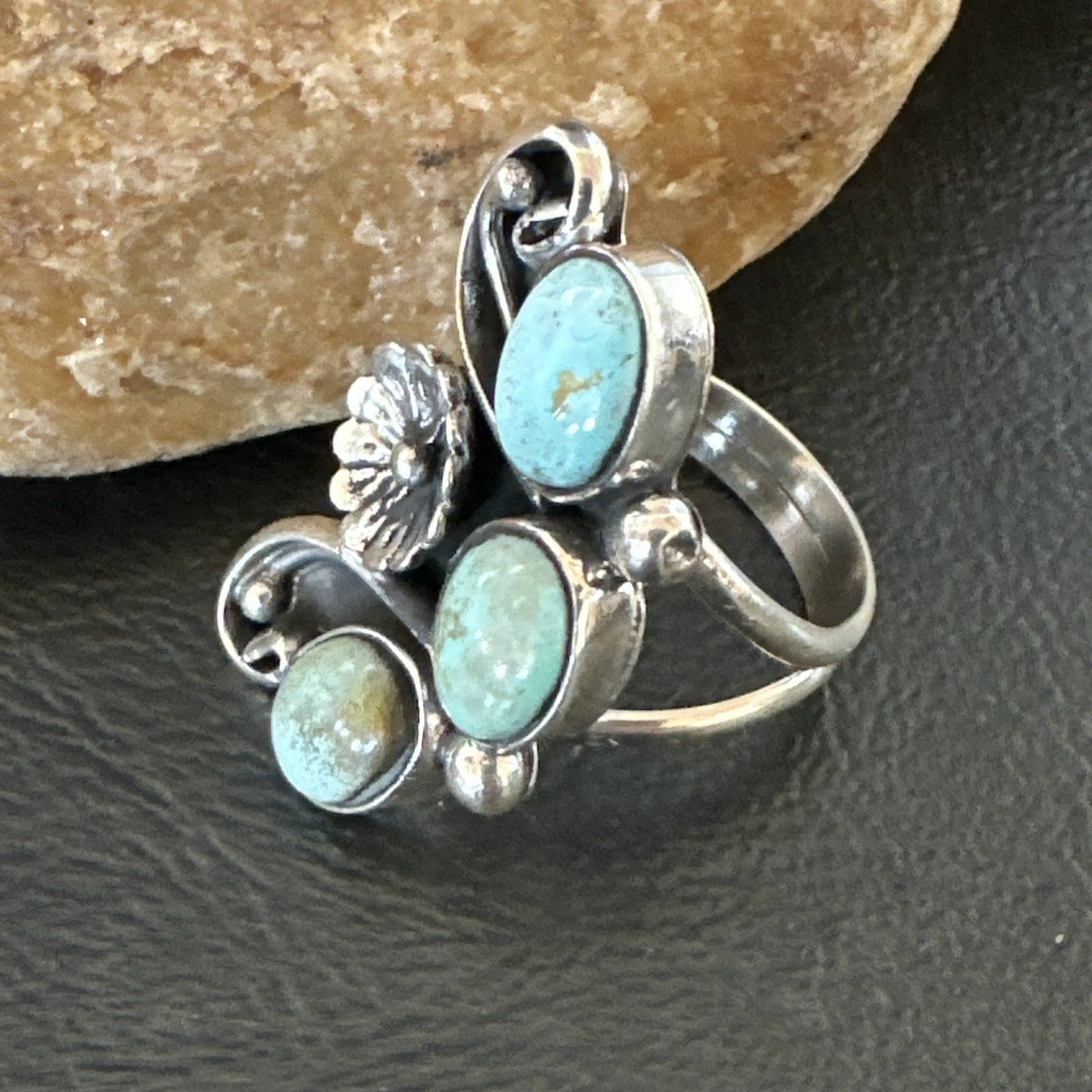 Yazzie Ring Green Turquoise Navajo Sterling Silver Cluster Size 8.5 19213