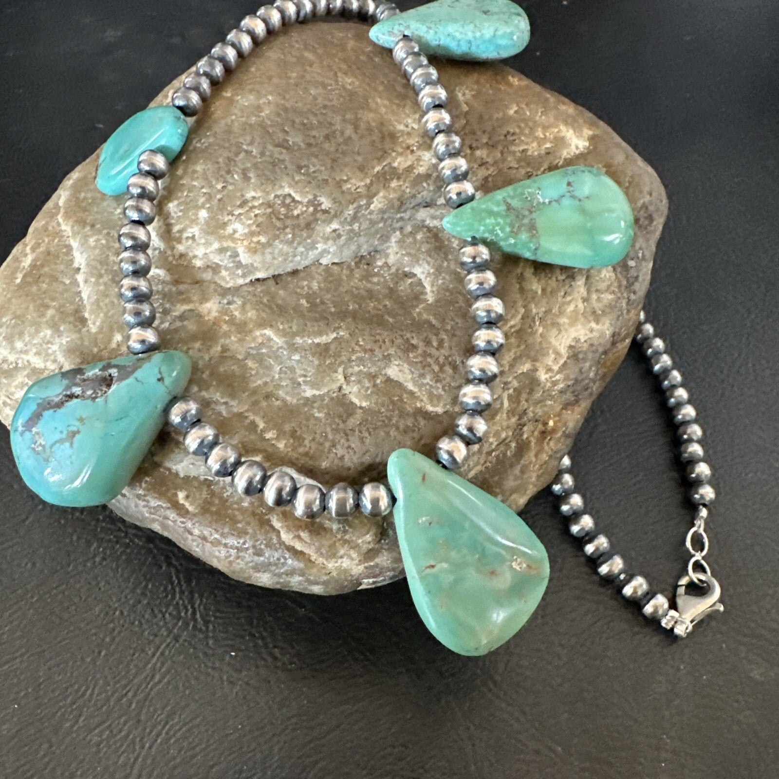 Blue Green Turquoise Teardrop Navajo Pearls Sterling Silver Necklace 20" 17746