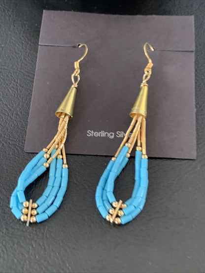Blue Turquoise Liquid Gold Filled Tubes Dangle Heishi Earrings 2" 13030