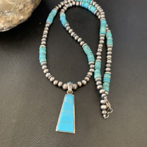 Blue Turquoise Inlay Pendant Navajo Pearls Sterling Silver Necklace 12614