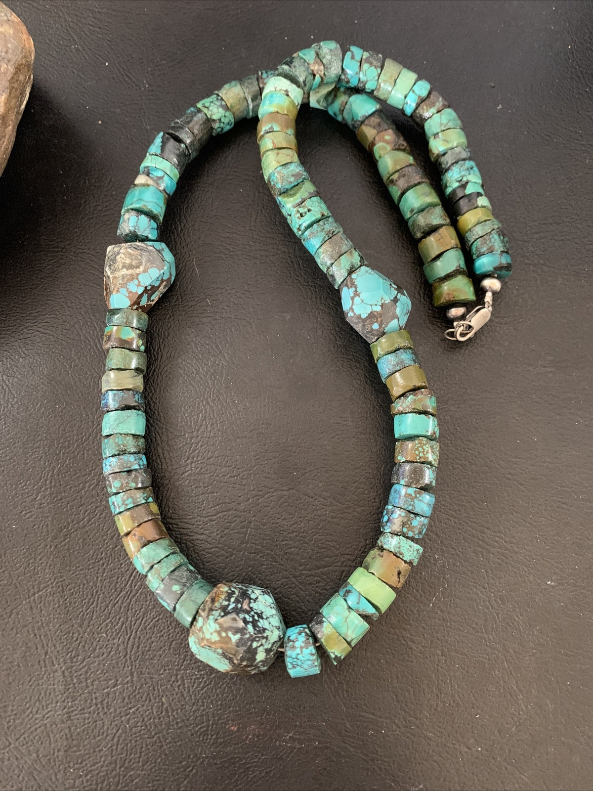 Men Chunky Spiderweb Turquoise Heishi Navajo Sterling Silver Necklace 21” 124504