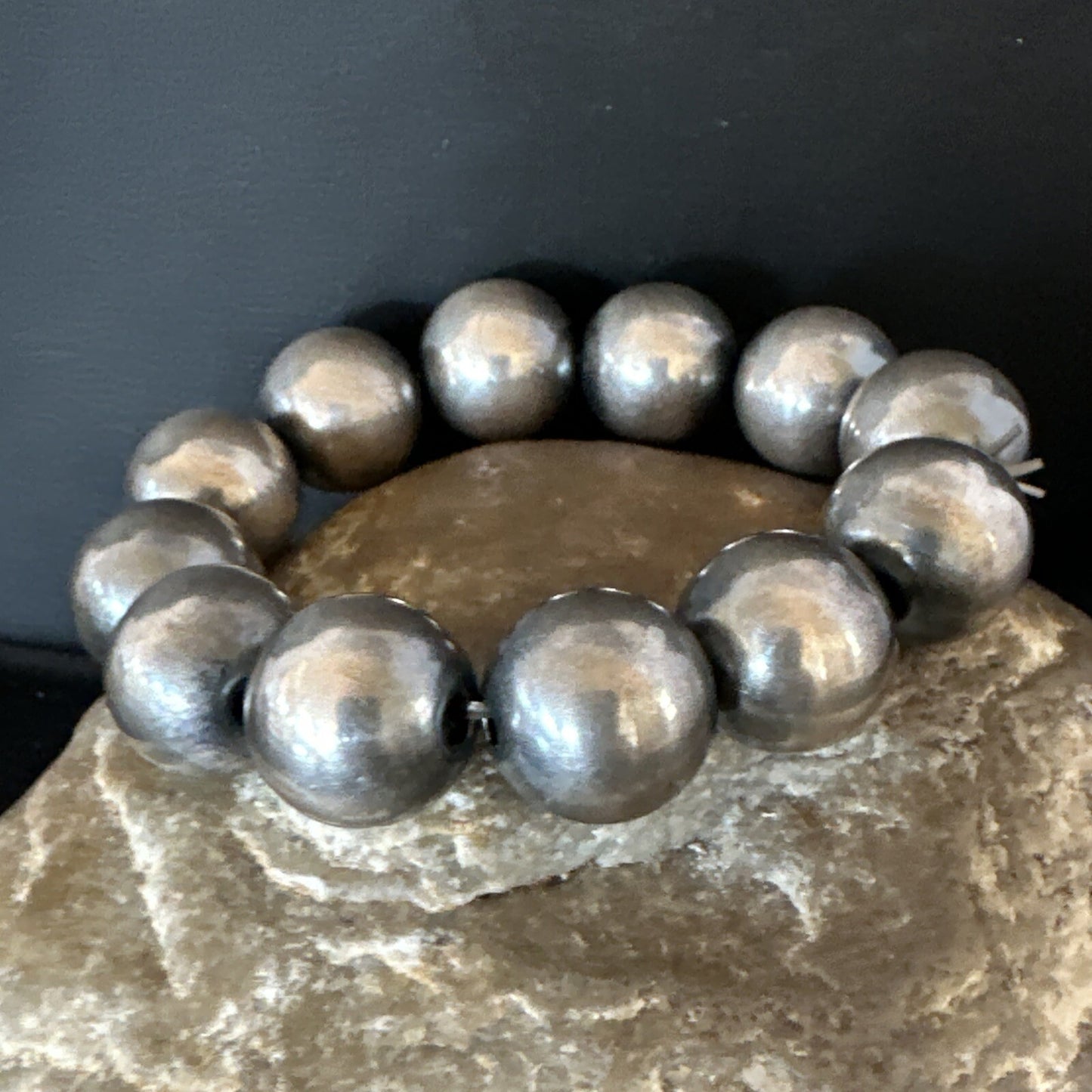 Navajo 14mm Beads Stretch Sterling Silver Bracelet 7" 91402