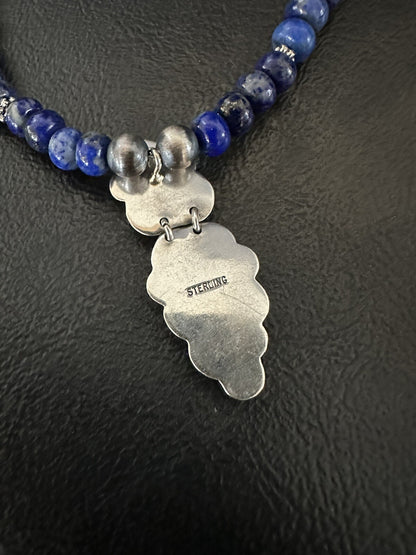 Mens Womens Blue Lapis Navajo Sterling Silver Cluster Pendant Necklace 21”18340
