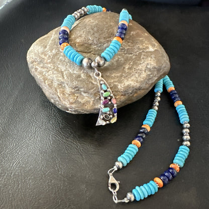 Multicolor Turquoise Spiny Navajo Sterling Silver Cluster Pendant Necklace 19650