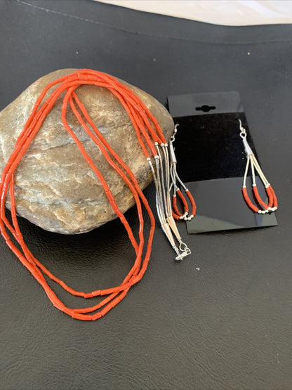Natural Red Coral Heishi 3 Strands Sterling Silver Earrings & Necklace 20" 01218