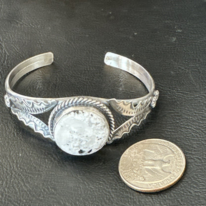 White Buffalo Turquoise Navajo Sterling Silver Cuff Bracelet 7.25" 19281