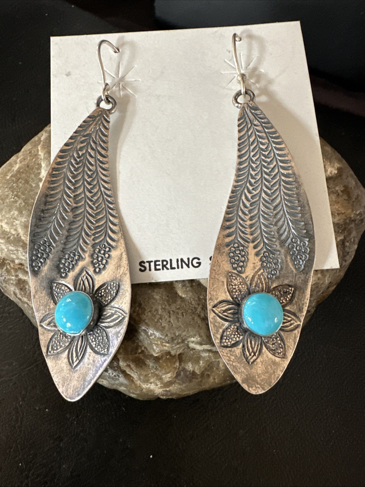 Womens Stamped Blue Turquoise Dangle Earrings Feather Sterling Silver 19785