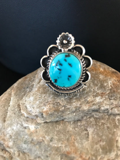 Kingman Turquoise Navajo Sterling Silver Ring Size 9 08240
