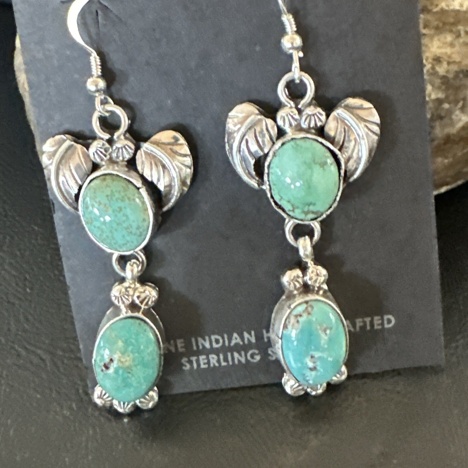 Navajo Green Turquoise Sterling Silver Dangle Earrings 2” 18044