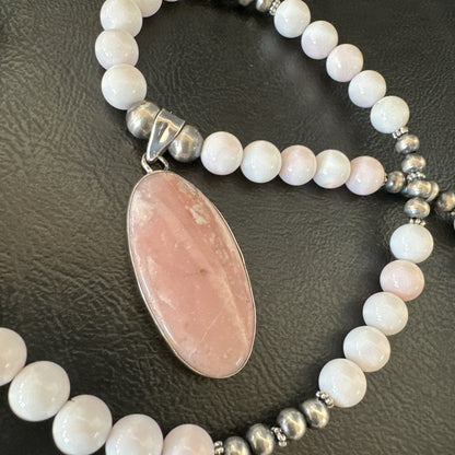 Southwestern Sterling Silver Pink Queen Conch Bead Necklace Pendant 20" 19582