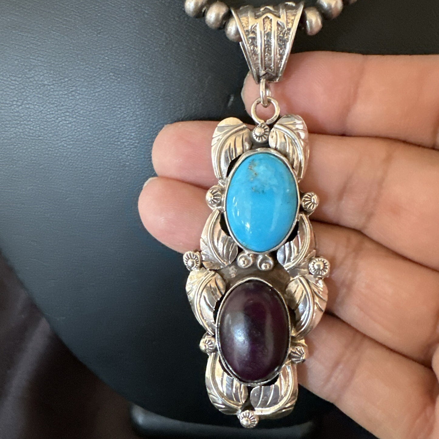 Blue Kingman Turquoise  Purple Stone Pendant Navajo Sterling Silver 18038