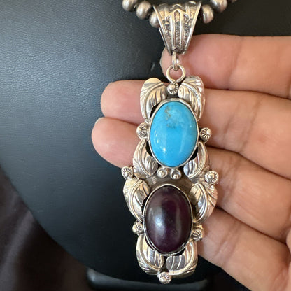 Blue Kingman Turquoise  Purple Stone Pendant Navajo Sterling Silver 18038