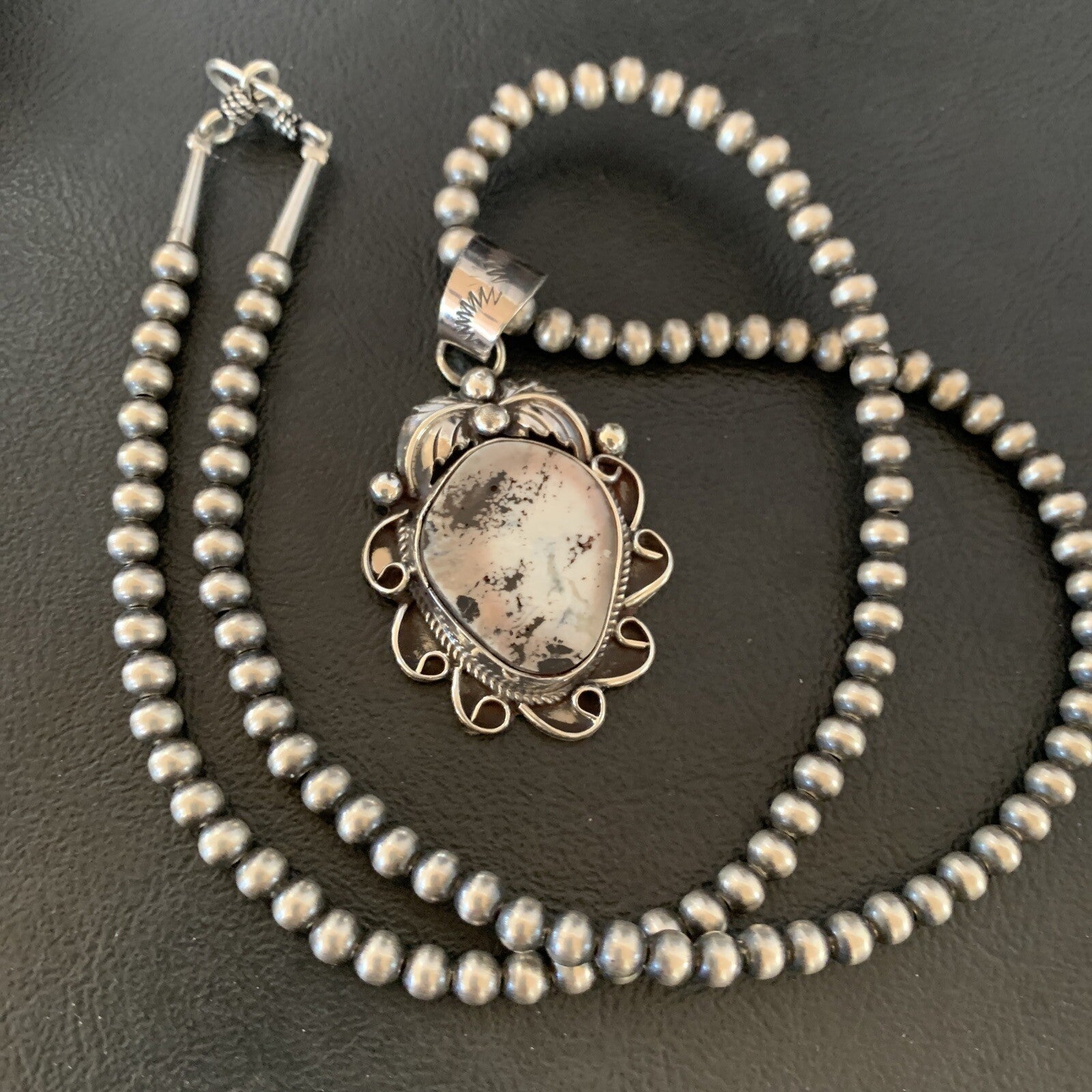 White Buffalo Turquoise Pendant  Sterling Silver Beads Necklace 11129