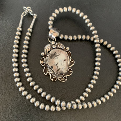 White Buffalo Turquoise Pendant  Sterling Silver Beads Necklace 11129