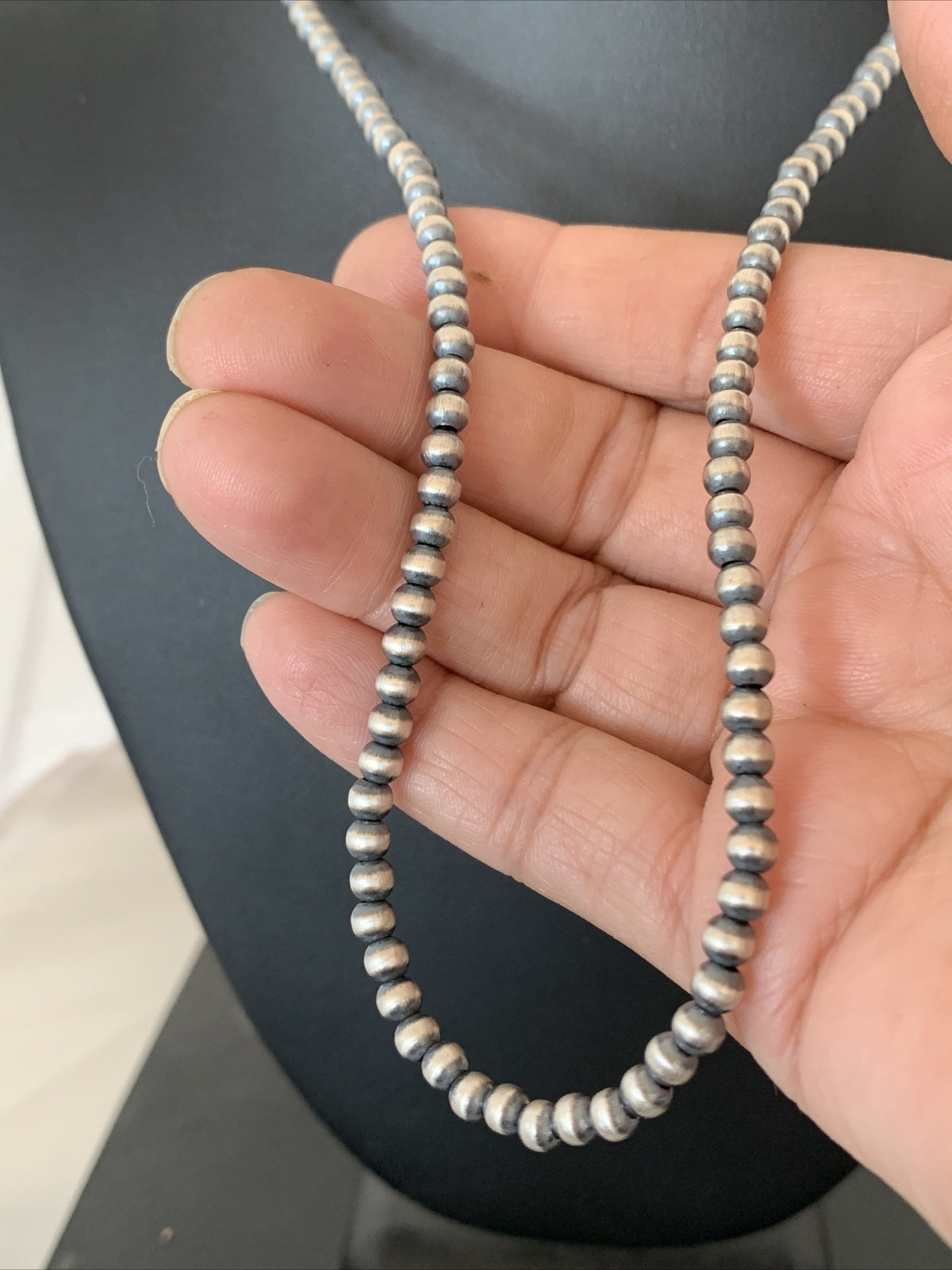 Native American 4mm Sterling Silver Beads Navajo 18" Hook & Eye Cone Necklace