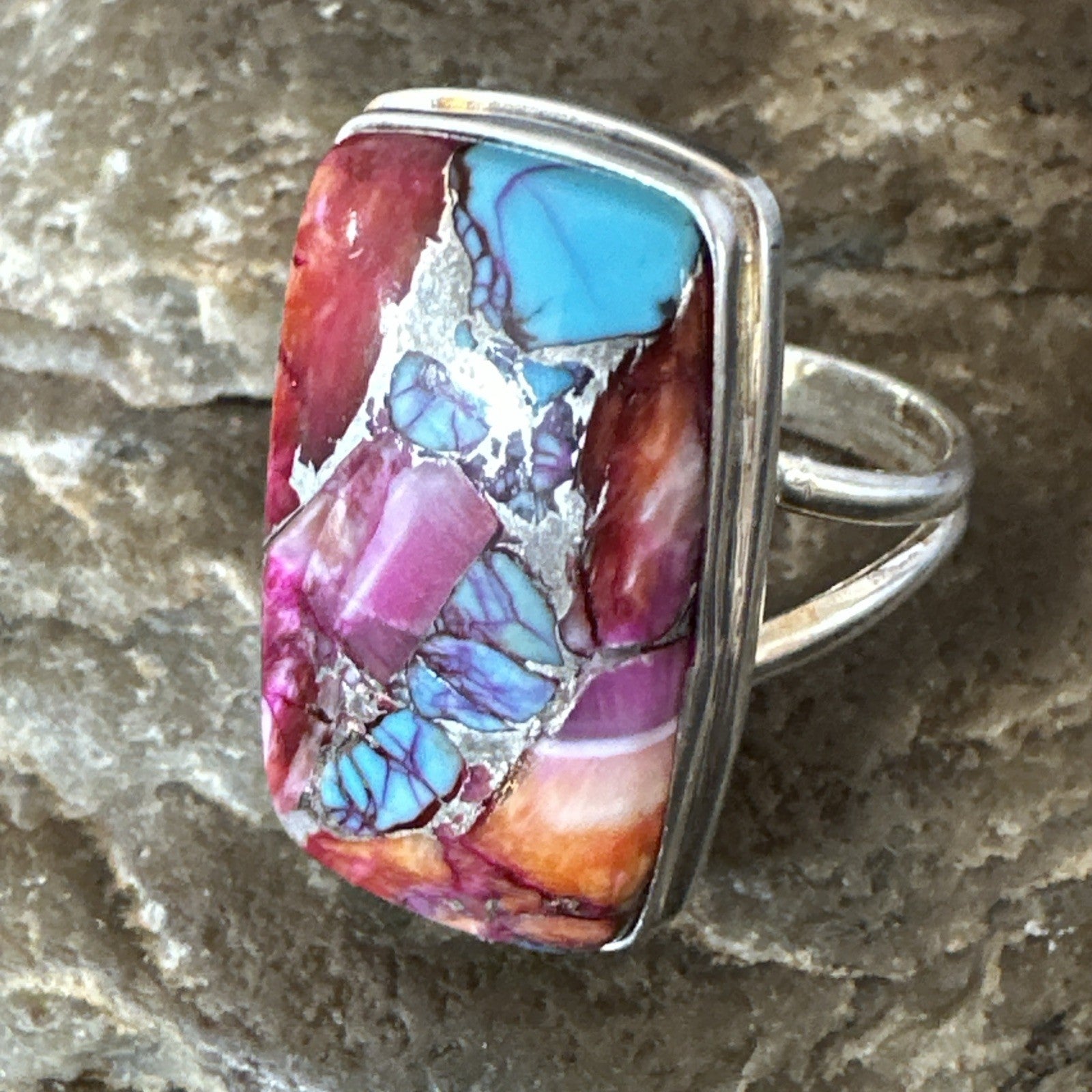Blue Turquoise Spiny Oyster Southwestern Sterling Silver Ring Size 9 19060