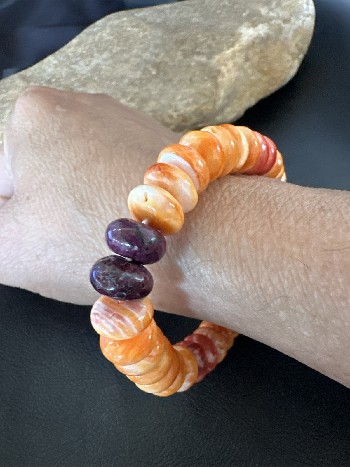 Orange Purple Spiny Oyster 12mm Bead Navajo Stretch Bracelet 19252
