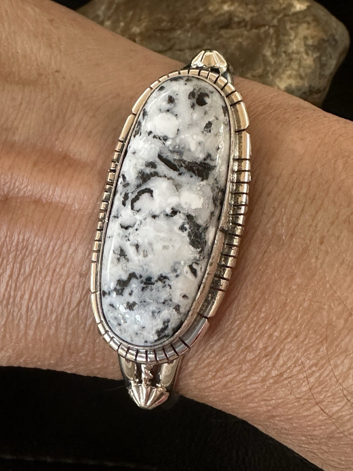 White Buffalo Turquoise Navajo Sterling Silver Cuff Bracelet 7.25" 19393