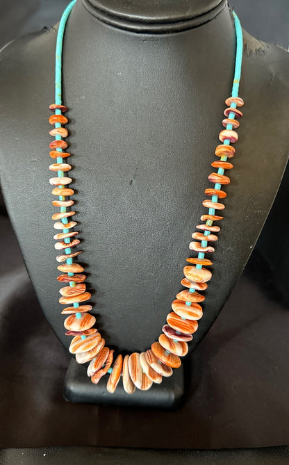 Orange Spiny Oyster Turquoise Navajo Pearls Sterling Silver Necklace 23" 18065