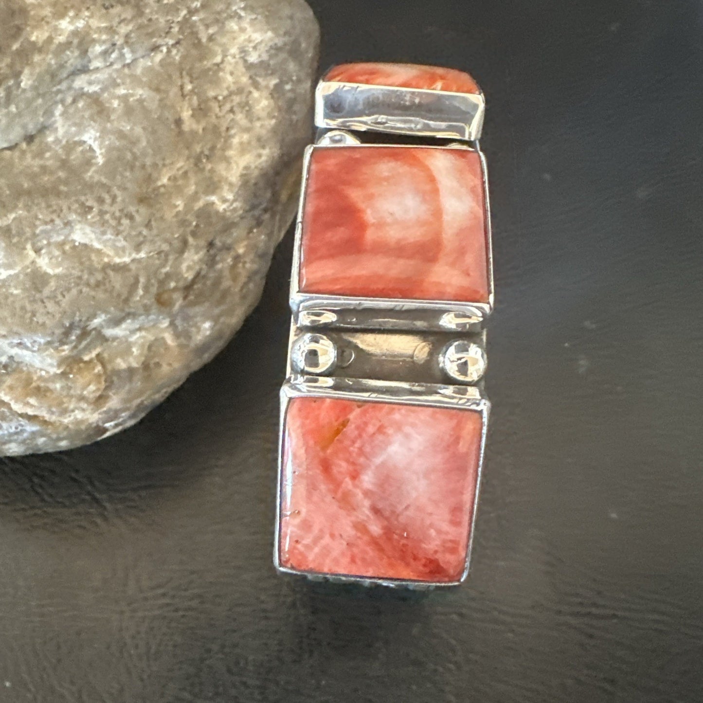 Red Spiny 3 Stone Sterling Silver Navajo Cuff Bracelet 7.7" 19488