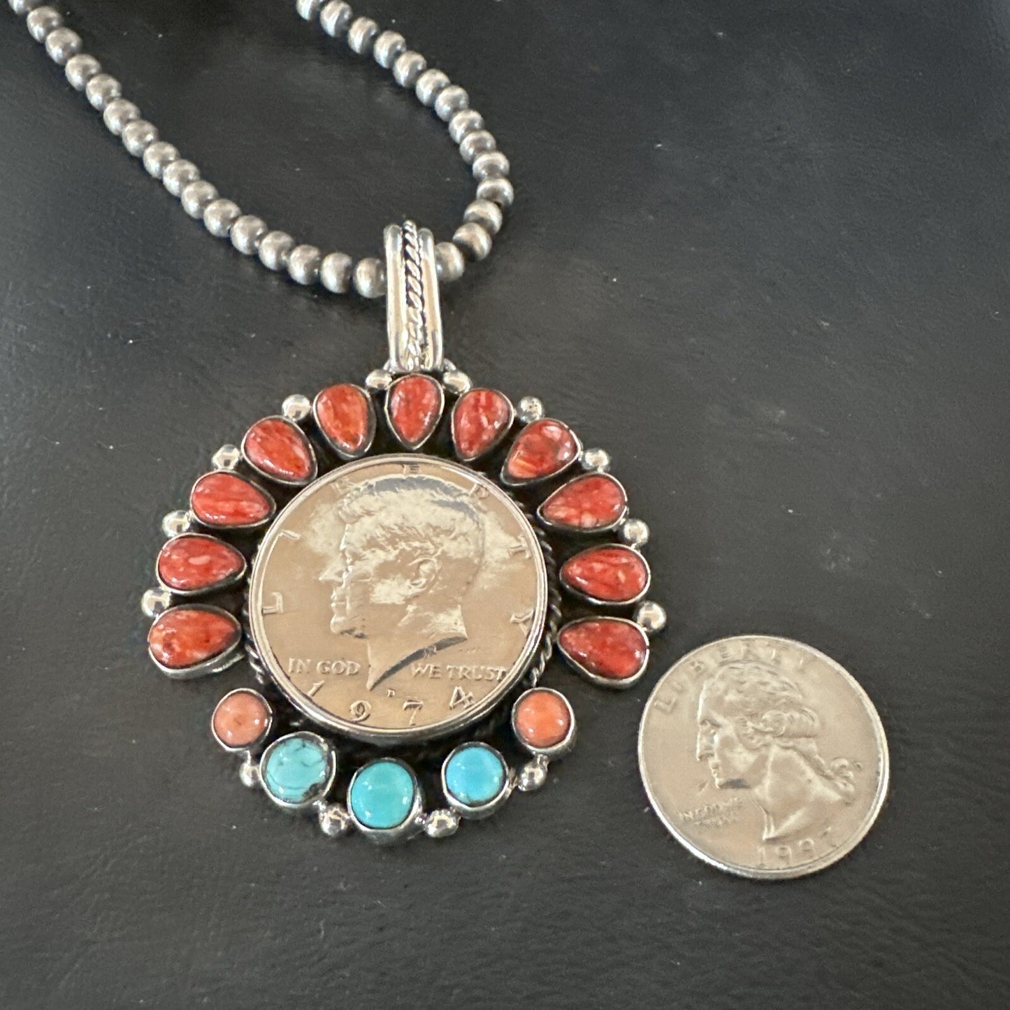Coin Pendant Red Spiny Oyster Turquoise Navajo Sterling Silver Necklace 17924