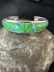 Women's Green Gaspeite Inlay Cuff Bracelet 7.05" | Sterling Silver | Authentic Native American Handmade | 19153