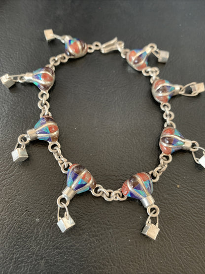 Blue Opal & Coral Balloon Navajo Sterling Silver Link Inlay Bracelet 7.5" 12923