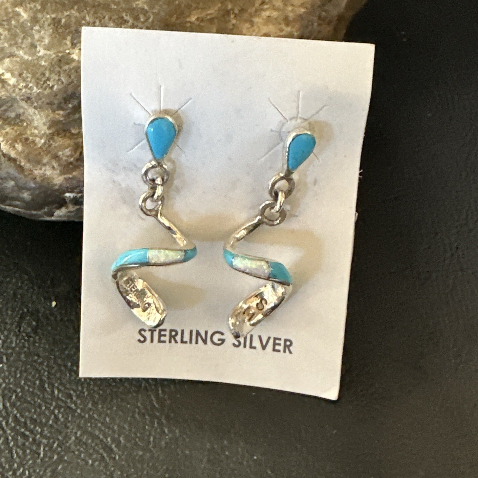Blue Turquoise Opal Inlay Swirl Navajo Sterling Earrings 1.25" 18751