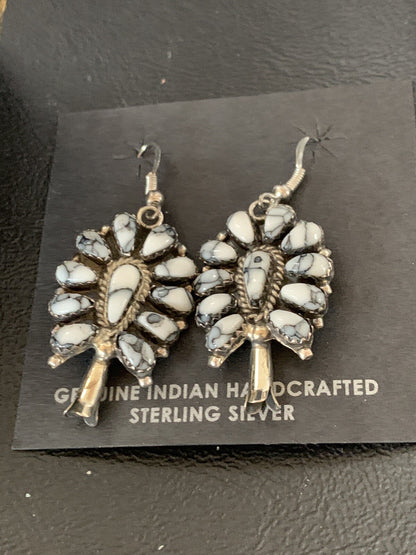 Cluster Navajo White Buffalo Turquoise Sterling Silver Dangle Earrings 12837