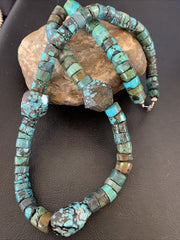 Men Chunky Spiderweb Turquoise Heishi Navajo Necklace 21" | Sterling Silver | Authentic Native American Handmade | 124505