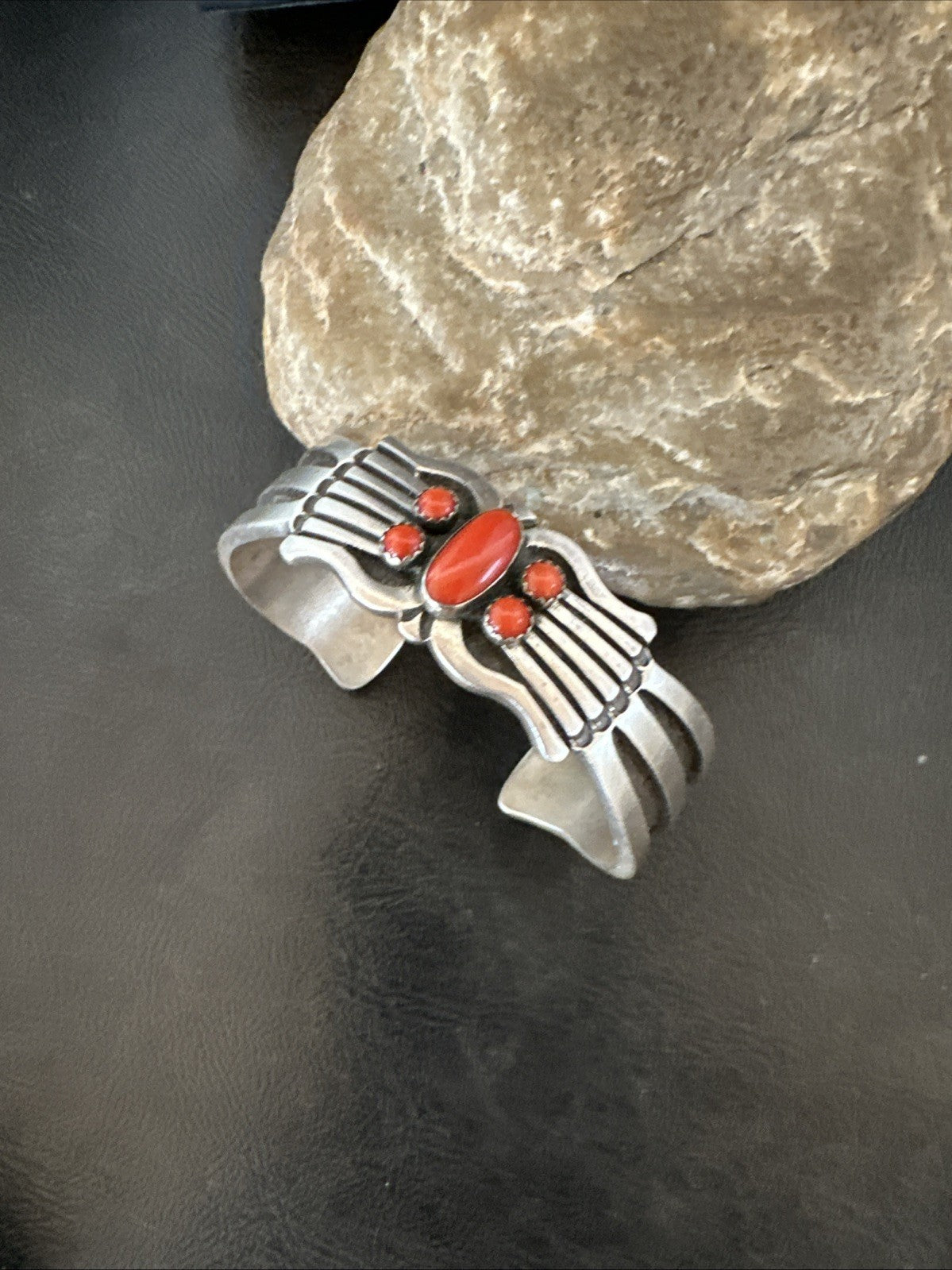 Mens Womens Red Coral Navajo Sterling Silver Cluster Cuff Bracelet 7" 19697