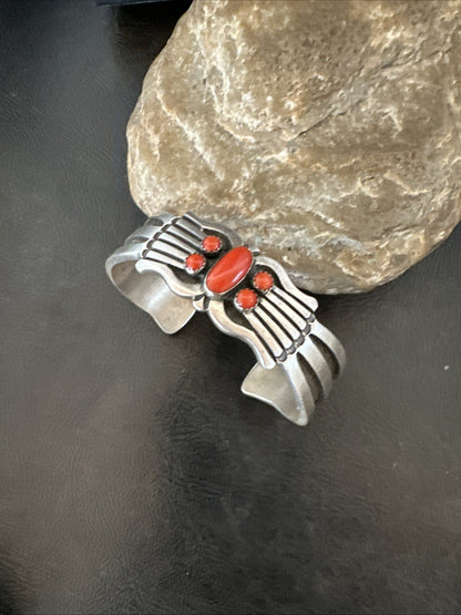 Mens Womens Red Coral Navajo Sterling Silver Cluster Cuff Bracelet 7" 19697