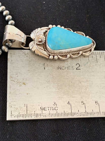 Blue Kingman Turquoise Pendant Navajo Pearls Sterling Silver Necklace 20" 00392
