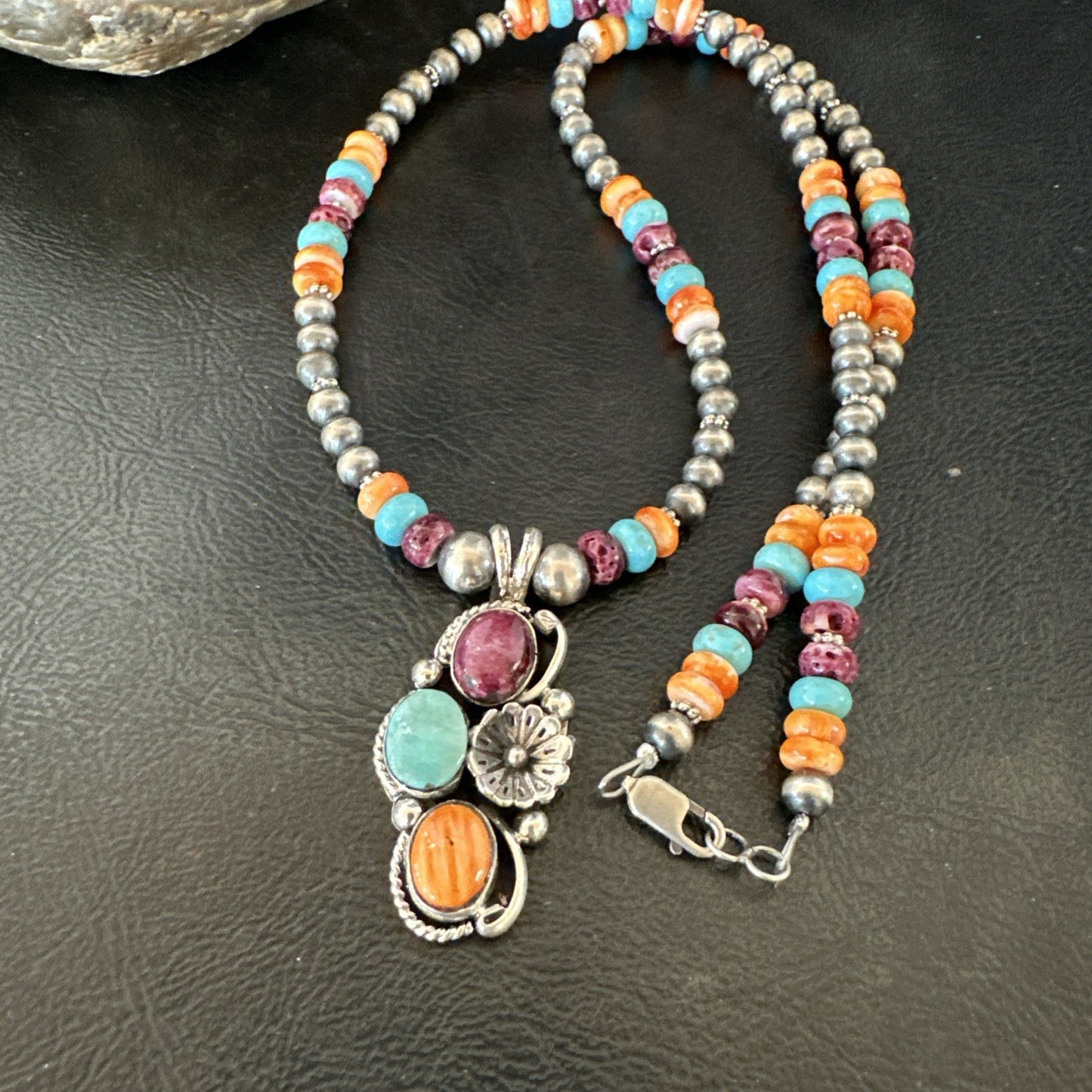 Multicolor Turquoise Spiny Navajo Sterling Silver Cluster Pendant Necklace 19641