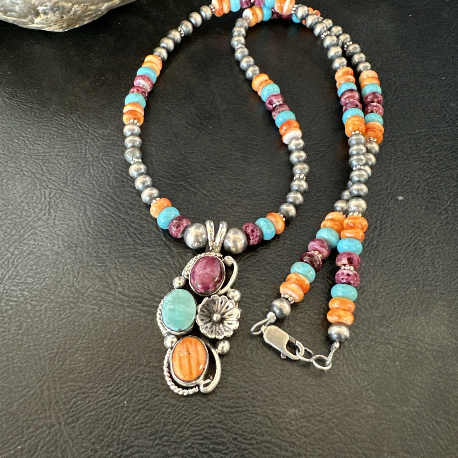 Multicolor Turquoise Spiny Navajo Sterling Silver Cluster Pendant Necklace 19641