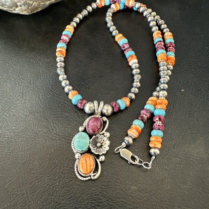 Multicolor Turquoise Spiny Navajo Sterling Silver Cluster Pendant Necklace 19641